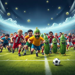 A whimsical and action-packed scene depicting an army of strong men in colorful soccer uniforms charging bravely against a quirky army of anthropomorphic cucumbers