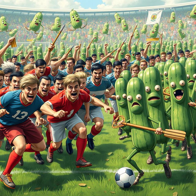 A whimsical and action-packed scene depicting an army of strong men in colorful soccer uniforms charging bravely against a quirky army of anthropomorphic cucumbers