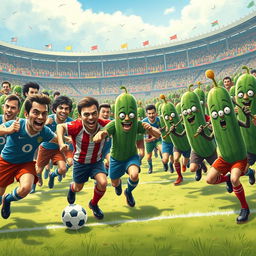 A whimsical and action-packed scene depicting an army of strong men in colorful soccer uniforms charging bravely against a quirky army of anthropomorphic cucumbers