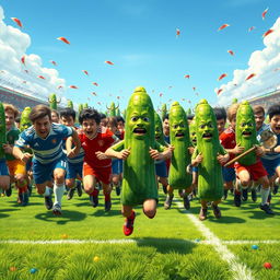 A whimsical and action-packed scene depicting an army of strong men in colorful soccer uniforms charging bravely against a quirky army of anthropomorphic cucumbers