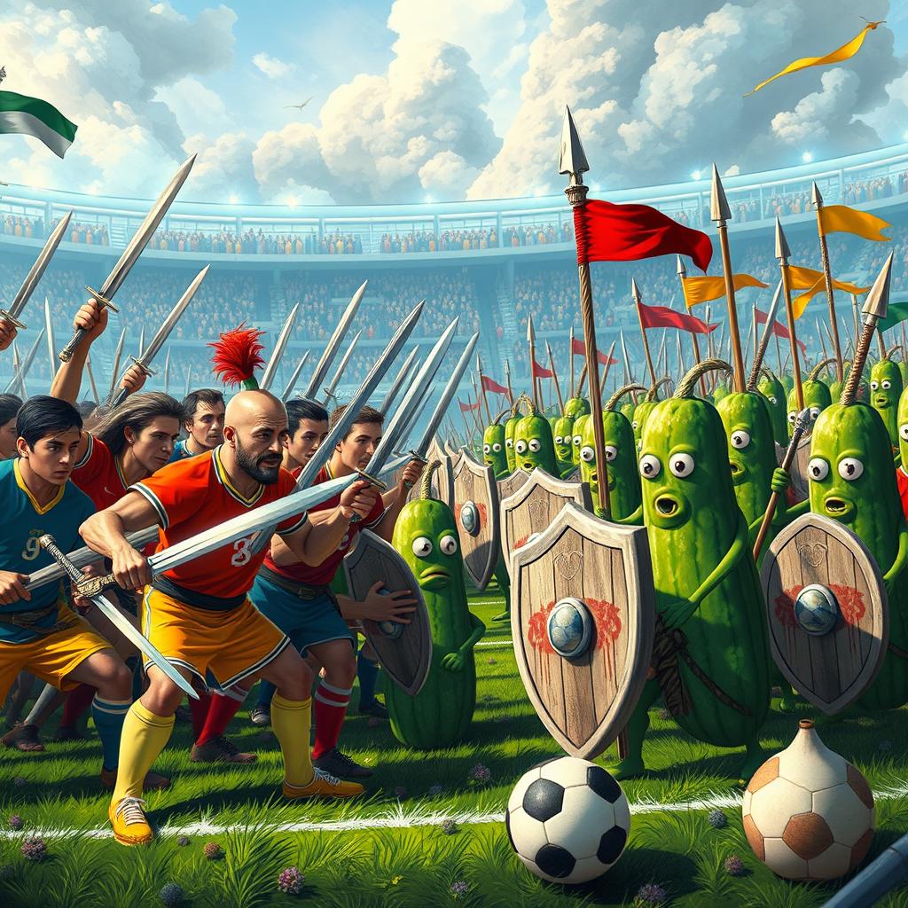 A fantastical battlefield scene showcasing an army of men clad in colorful soccer uniforms, wielding swords and preparing for an epic clash