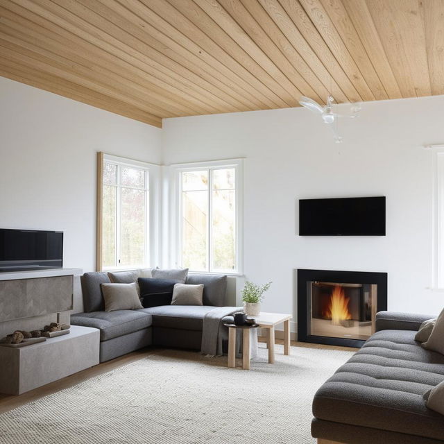 A rectangular Scandinavian style living room with a television facing a comfortable L-shaped couch and chair. In one corner, windows are installed next to a cozy fireplace, allowing natural light into the room.