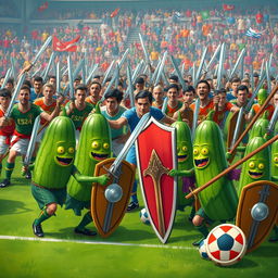 A fantastical battlefield scene showcasing an army of men clad in colorful soccer uniforms, wielding swords and preparing for an epic clash