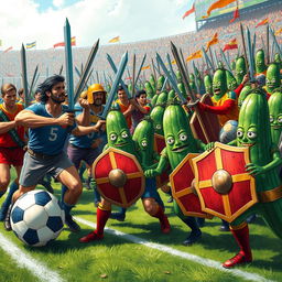 A fantastical battlefield scene showcasing an army of men clad in colorful soccer uniforms, wielding swords and preparing for an epic clash