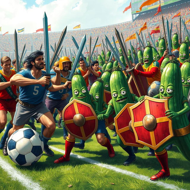 A fantastical battlefield scene showcasing an army of men clad in colorful soccer uniforms, wielding swords and preparing for an epic clash