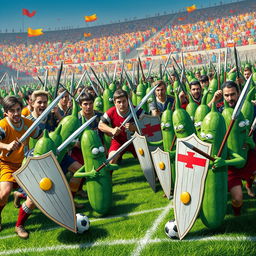 A fantastical battlefield scene showcasing an army of men clad in colorful soccer uniforms, wielding swords and preparing for an epic clash