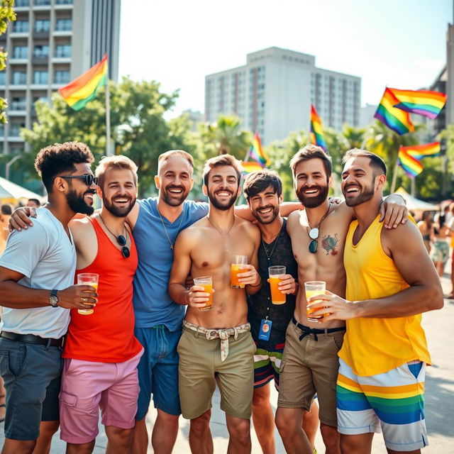 A vibrant and loving scene of a diverse group of gay men celebrating together in an urban park, dressed in colorful summer outfits, laughing and enjoying each other's company