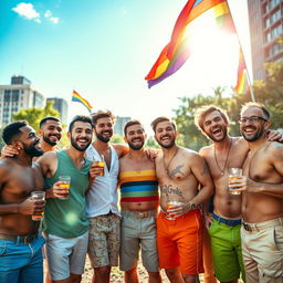 A vibrant and loving scene of a diverse group of gay men celebrating together in an urban park, dressed in colorful summer outfits, laughing and enjoying each other's company