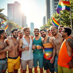 A vibrant and loving scene of a diverse group of gay men celebrating together in an urban park, dressed in colorful summer outfits, laughing and enjoying each other's company