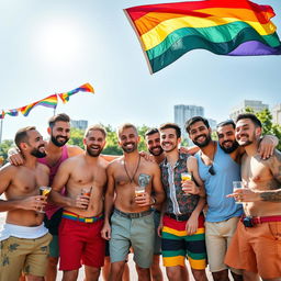 A vibrant and loving scene of a diverse group of gay men celebrating together in an urban park, dressed in colorful summer outfits, laughing and enjoying each other's company