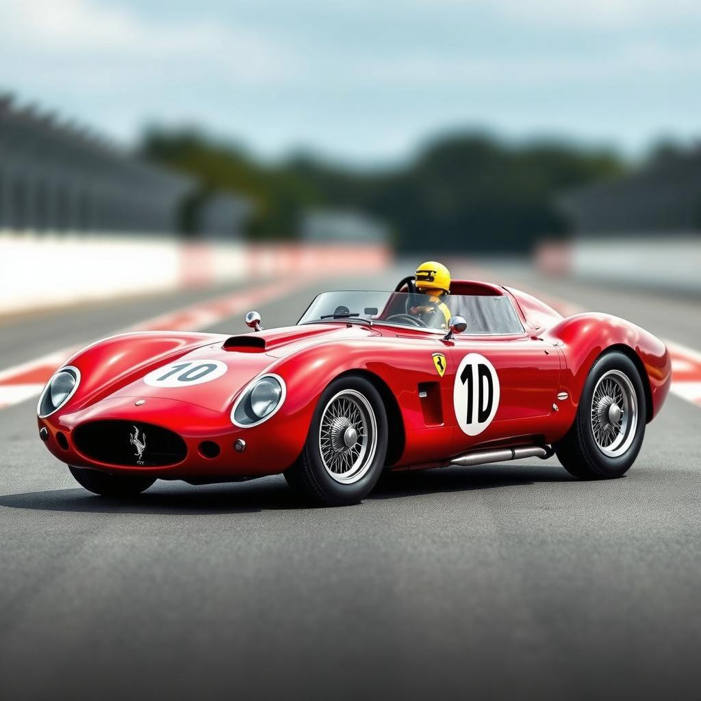 A visually striking design of a hybrid race car that merges the classic elements of a 1955 Maserati 200SI with the sleek curves and features of a Ferrari 860