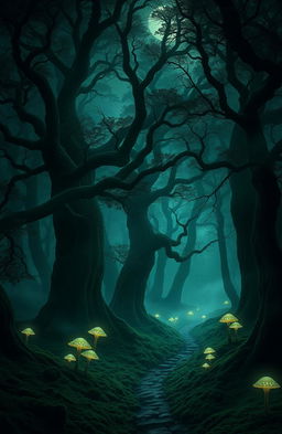 A mesmerizing digital art piece depicting a dark, mystical forest bathed in shades of deep green and black