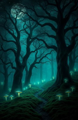 A mesmerizing digital art piece depicting a dark, mystical forest bathed in shades of deep green and black