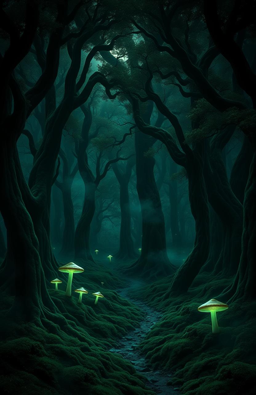 A mesmerizing digital art piece depicting a dark, mystical forest bathed in shades of deep green and black