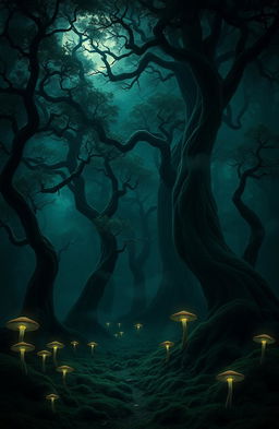 A mesmerizing digital art piece depicting a dark, mystical forest bathed in shades of deep green and black