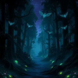 A captivating digital art piece showcasing a dark, enchanted forest, filled with towering, shadowy trees that seem to stretch endlessly towards the starry night sky