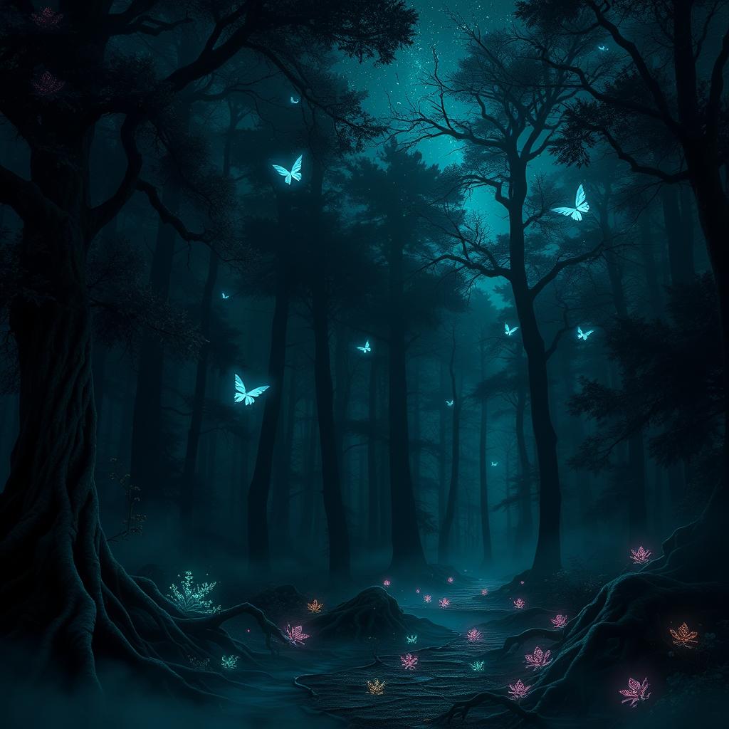 A captivating digital art piece showcasing a dark, enchanted forest, filled with towering, shadowy trees that seem to stretch endlessly towards the starry night sky