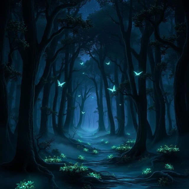 A captivating digital art piece showcasing a dark, enchanted forest, filled with towering, shadowy trees that seem to stretch endlessly towards the starry night sky