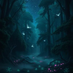 A captivating digital art piece showcasing a dark, enchanted forest, filled with towering, shadowy trees that seem to stretch endlessly towards the starry night sky