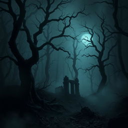 A haunting digital art piece depicting an eerie dark forest, characterized by twisted, gnarled trees shrouded in shadows