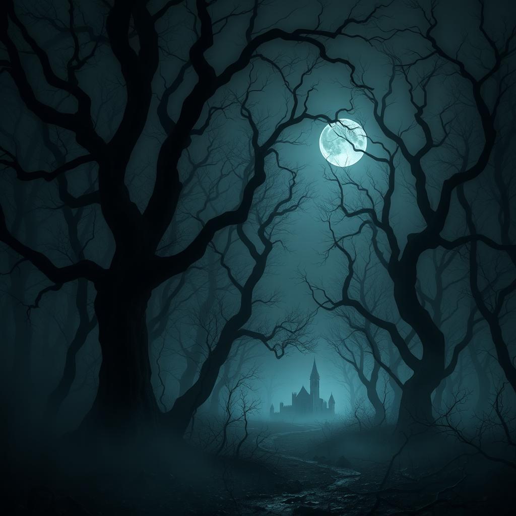 A haunting digital art piece depicting an eerie dark forest, characterized by twisted, gnarled trees shrouded in shadows