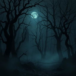 A haunting digital art piece depicting an eerie dark forest, characterized by twisted, gnarled trees shrouded in shadows