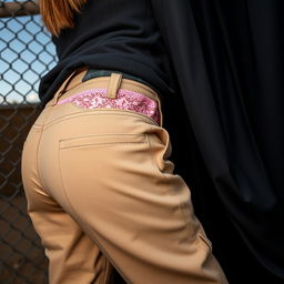 An extreme close-up of a round booty wearing loose cargo pants, showcasing the top of a pink lace thong peeking out