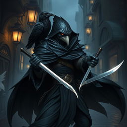 A Kenku rogue character from Dungeons & Dragons, depicted in a stealthy and dynamic pose