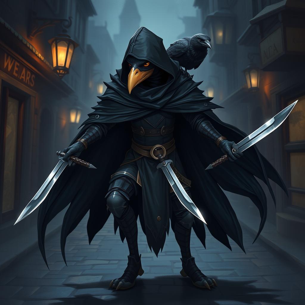 A Kenku rogue character from Dungeons & Dragons, depicted in a stealthy and dynamic pose