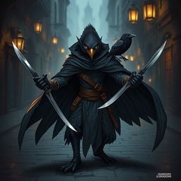 A Kenku rogue character from Dungeons & Dragons, depicted in a stealthy and dynamic pose