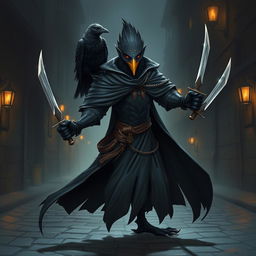 A Kenku rogue character from Dungeons & Dragons, depicted in a stealthy and dynamic pose