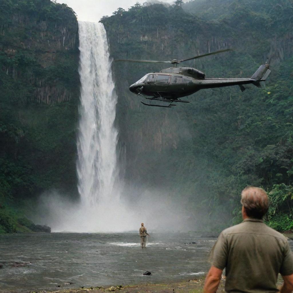 Detail the InGen-branded helicopter landing on the helipad by the stunning waterfall in Jurassic Park on Isla Nublar. John Hammond watches over as this modern marvel contrasts against the primitive beauty of the prehistoric world he's resurrected.