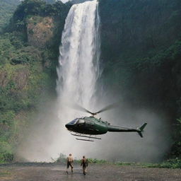 Detail the InGen-branded helicopter landing on the helipad by the stunning waterfall in Jurassic Park on Isla Nublar. John Hammond watches over as this modern marvel contrasts against the primitive beauty of the prehistoric world he's resurrected.