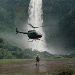 Detail the InGen-branded helicopter landing on the helipad by the stunning waterfall in Jurassic Park on Isla Nublar. John Hammond watches over as this modern marvel contrasts against the primitive beauty of the prehistoric world he's resurrected.