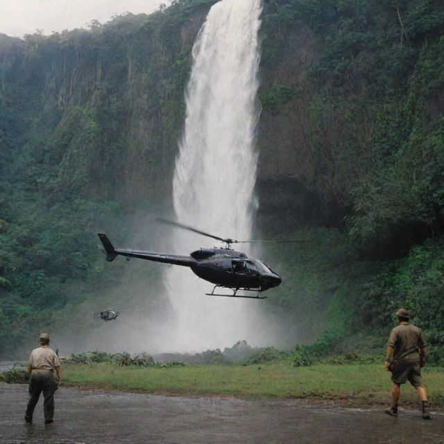 Detail the InGen-branded helicopter landing on the helipad by the stunning waterfall in Jurassic Park on Isla Nublar. John Hammond watches over as this modern marvel contrasts against the primitive beauty of the prehistoric world he's resurrected.