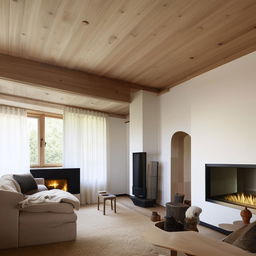 A rectangular Scandinavian style living room with a television facing a comfortable L-shaped couch and chair. In one corner, windows are installed next to a cozy fireplace, allowing natural light into the room.