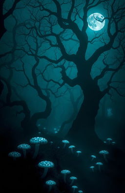 A surreal dark eerie forest shrouded in mist, with twisted gnarled trees reaching towards a moonlit sky