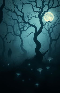 A surreal dark eerie forest shrouded in mist, with twisted gnarled trees reaching towards a moonlit sky