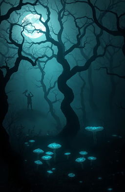 A surreal dark eerie forest shrouded in mist, with twisted gnarled trees reaching towards a moonlit sky