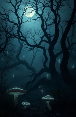 A surreal dark eerie forest shrouded in mist, with twisted gnarled trees reaching towards a moonlit sky