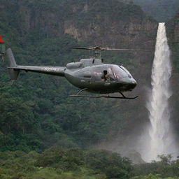 Capture the successfully landed InGen-branded helicopter, now stationary at the scenic helipad by the waterfall in Jurassic Park. The rotor blades slow, the door opens, all under the watch of John Hammond, mastermind of this prehistoric utopia.