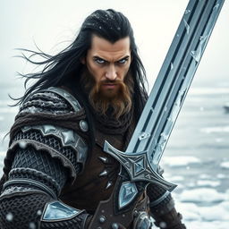 A fierce Human Barbarian depicted against a cold winter bay backdrop