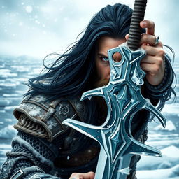 A fierce Human Barbarian depicted against a cold winter bay backdrop