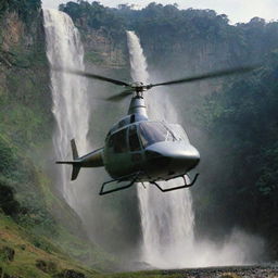 Capture the successfully landed InGen-branded helicopter, now stationary at the scenic helipad by the waterfall in Jurassic Park. The rotor blades slow, the door opens, all under the watch of John Hammond, mastermind of this prehistoric utopia.