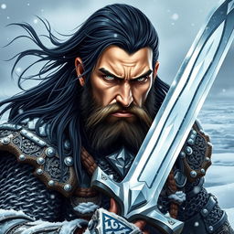 A fierce Human Barbarian depicted against a cold winter bay backdrop