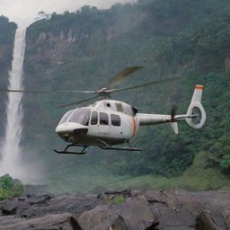 Capture the successfully landed InGen-branded helicopter, now stationary at the scenic helipad by the waterfall in Jurassic Park. The rotor blades slow, the door opens, all under the watch of John Hammond, mastermind of this prehistoric utopia.