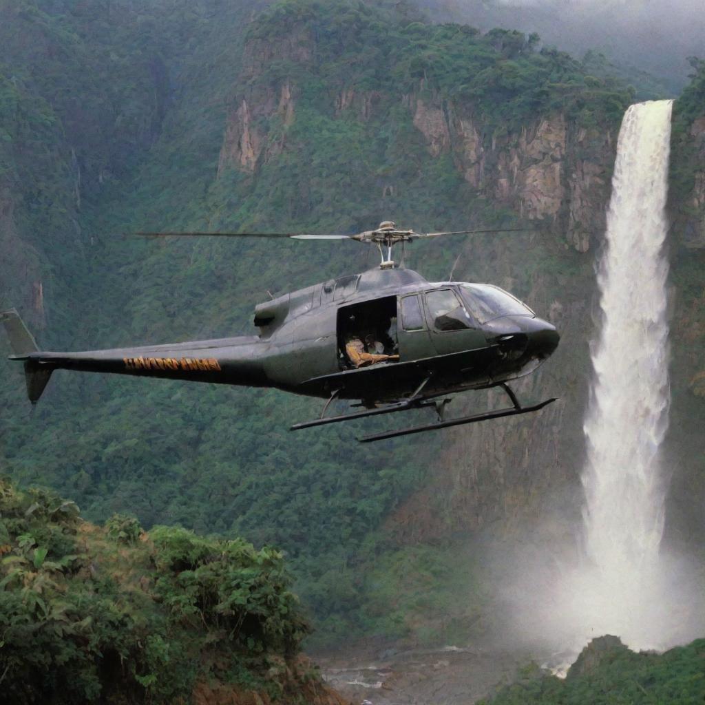 Capture the successfully landed InGen-branded helicopter, now stationary at the scenic helipad by the waterfall in Jurassic Park. The rotor blades slow, the door opens, all under the watch of John Hammond, mastermind of this prehistoric utopia.