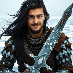 A young Human Barbarian standing confidently against a cold winter bay backdrop