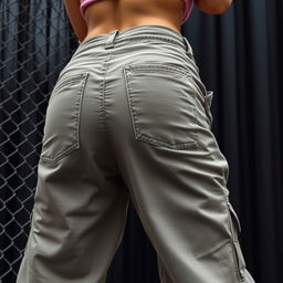 An extreme close-up of a round booty wearing loose cargo pants that sit low, revealing the top of a pink lace thong