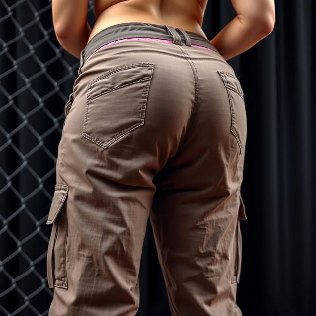 An extreme close-up of a round booty wearing loose cargo pants that sit low, revealing the top of a pink lace thong